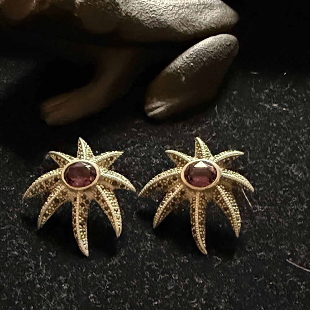 925 STERLING SILVER MARCASITE & AMETHYST SWIRL STAR SUN earrings Post